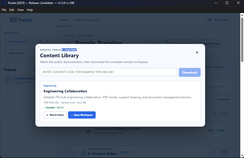 Torialo Content Library showing official training with Watch Video and Open Workspace actions
