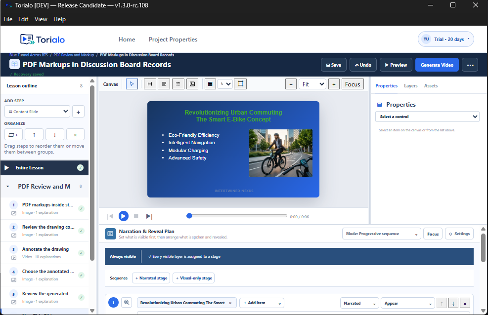Current Torialo content-slide editor with properties, layers, assets, narration, and reveal sequence