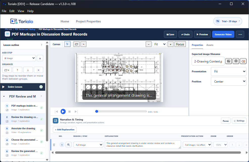 Current Torialo teaching-step editor with an engineering drawing, explanation, presentation action, and zoom controls