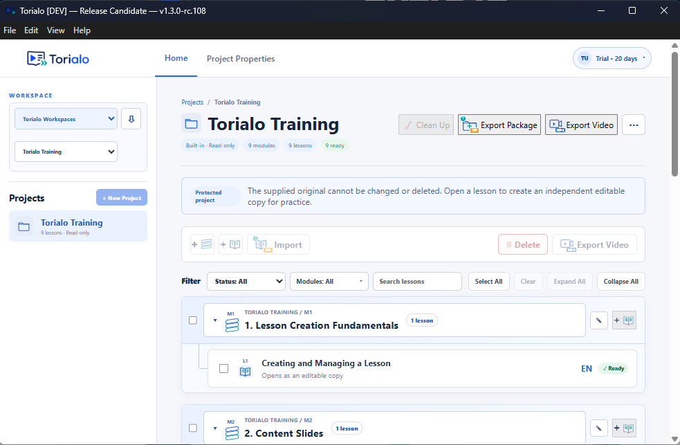 Current Torialo Training workspace showing organized modules and lessons