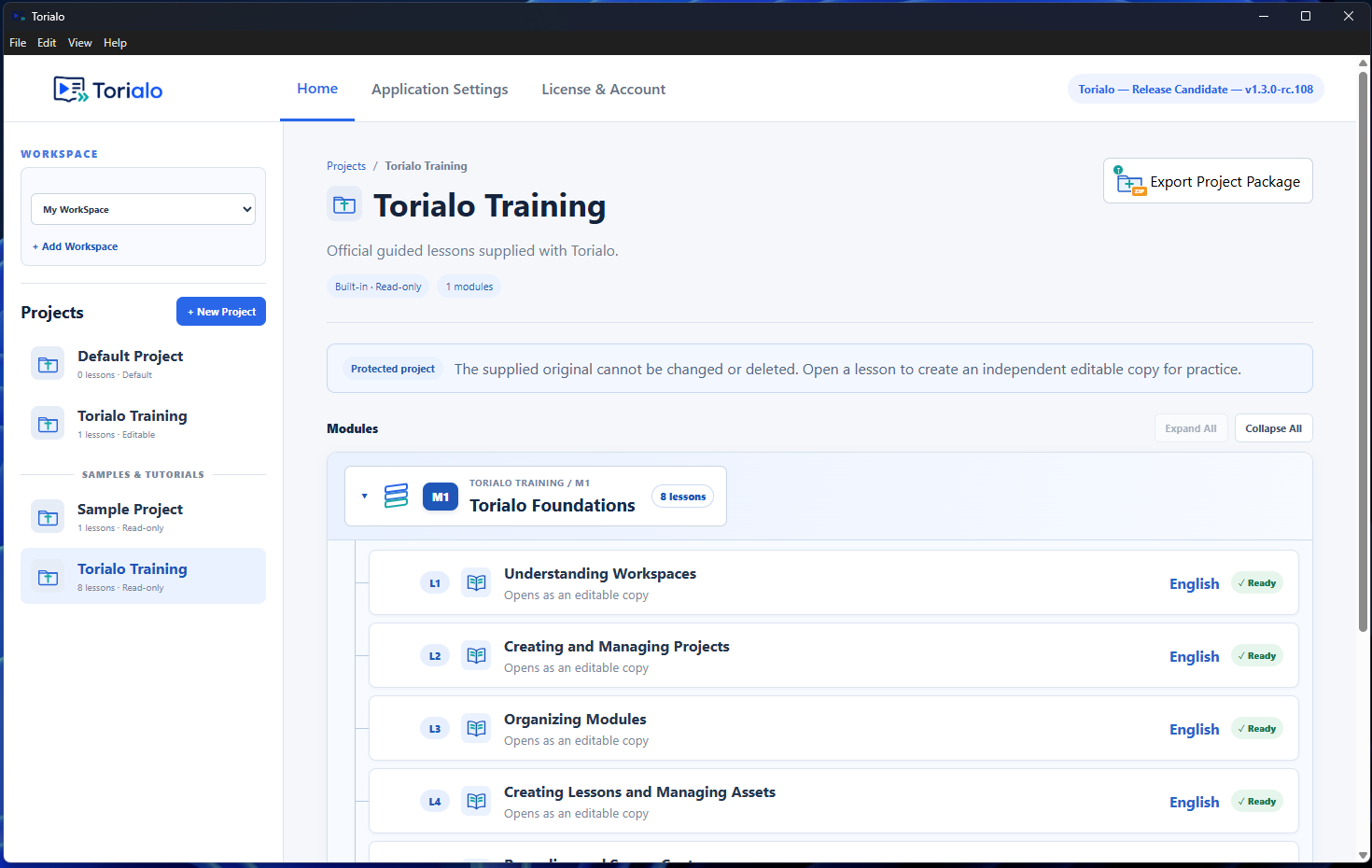 Torialo workspace and projects